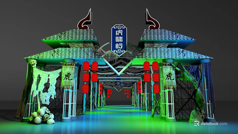 Traditional Style Commercial Equipment Archway With Red Lanterns And Green Roof 3d model 
