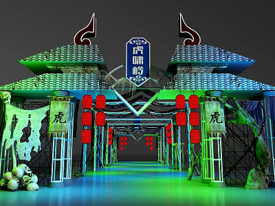Traditional Style Commercial Equipment Archway With Red Lanterns And Green Roof 3d model