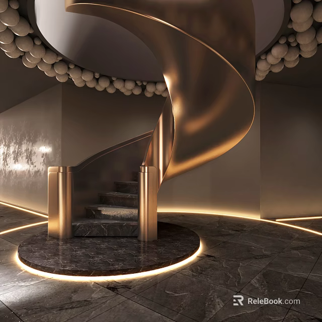 Modern Golden Spiral Staircase With Marble Steps Circular Base Ambient Lighting And Ceiling Spherical Decorations 3d model 