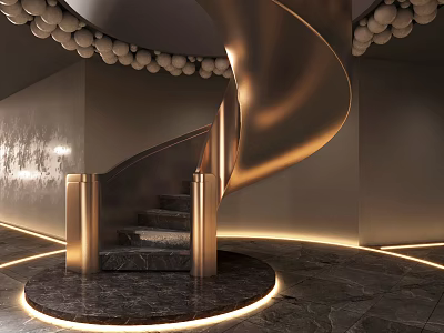Modern Golden Spiral Staircase With Marble Steps Circular Base Ambient Lighting And Ceiling Spherical Decorations 3d model