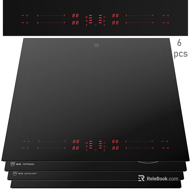 6 Burners Induction Cooktop With Black Glass Surface And Red Digital Control 3d model 