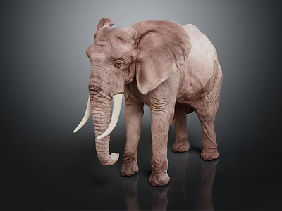 African Elephant With Large Ears Ivory Tusks And Wrinkled Skin On Dark Reflective Surface 3d model