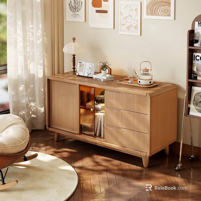 Wooden Entryway Side Cabinet With Glass Door Drawers Table Lamp Plant And Tea Set 3d model 