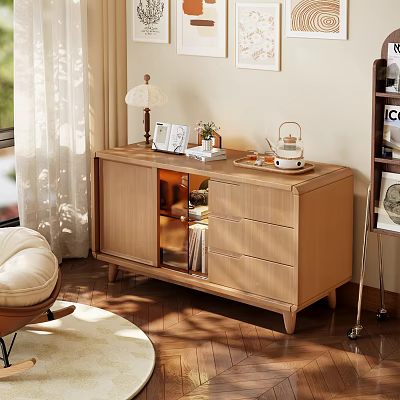 Wooden Entryway Side Cabinet With Glass Door Drawers Table Lamp Plant And Tea Set 3d model