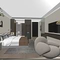 Modern Hotel Room Interior With Bed Armchair TV Wardrobe And Soft Lighting