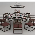 Round Dining Table Set With Wooden Frame Red Seats Hanging Chandelier And Tableware Decorations