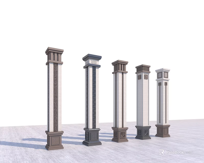 Various Architectural Columns With Diverse Capitals Bases And Carved Patterns 3d model 
