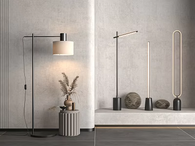 Modern Floor Lamps With Minimalist Design In Interior Decor With Plants And Stone Ornaments 3d model