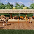 Outdoor Animal Enclosure With Thatched Roof Shelter Camels Horses And Wooden Deck Where People Interact