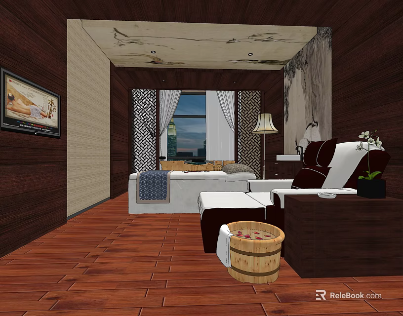 SPA Sauna Room Interior With Wooden Walls White Sofa Massage Chair And Decorative Elements 3d model 