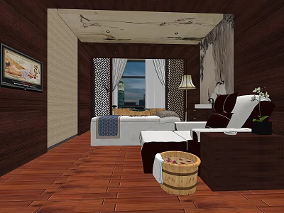 SPA Sauna Room Interior With Wooden Walls White Sofa Massage Chair And Decorative Elements 3d model