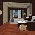 SPA Sauna Room Interior With Wooden Walls White Sofa Massage Chair And Decorative Elements