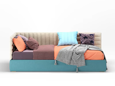 Colorful Sofa With Beige Backrest Blue Base Colorful Cushions And Gray Throw Blanket 3d model
