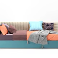 Colorful Sofa With Beige Backrest Blue Base Colorful Cushions And Gray Throw Blanket