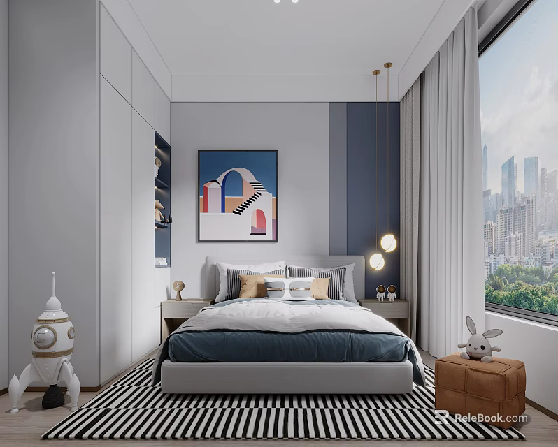 Modern Kids Room With Grey Blue Striped Rug Robot Rabbit Toys And City View Window 3d model 