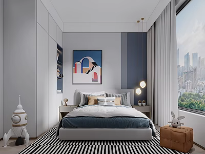 Modern Kids Room With Grey Blue Striped Rug Robot Rabbit Toys And City View Window 3d model