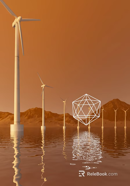 Modern Wind Turbines And Geometric Polyhedron Structure By Water With Mountains In Orange Sky 3d model 