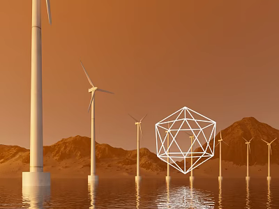Modern Wind Turbines And Geometric Polyhedron Structure By Water With Mountains In Orange Sky 3d model
