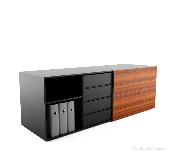 Modern Black And Wooden Bookcase With Open Compartments Drawers And File Folders 3d model 
