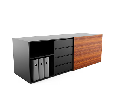 Modern Black And Wooden Bookcase With Open Compartments Drawers And File Folders 3d model