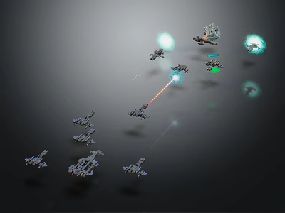 Futuristic Space Battle Scene With Multiple Spaceships Firing Laser Beams And Explosions 3d model
