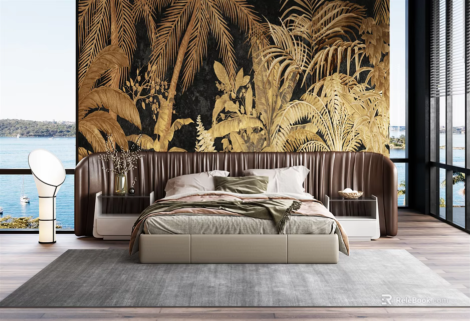 Background Double Bed in Modern Bedroom with Gold Black Tropical Plant Mural and Wooden Headboard 3d model 