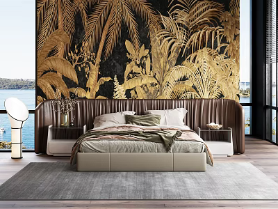 Background Double Bed in Modern Bedroom with Gold Black Tropical Plant Mural and Wooden Headboard 3d model
