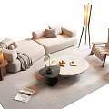 L Shaped Beige Sofa and Round Coffee Table Set with Throw Pillows and Blanket 3d model