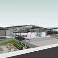 Modern Commercial Complex With Glass Skylight Roof Green Spaces Walkways Entrance Steps And Seating Areas