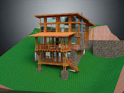 Modern Wooden House Featuring Large Windows Stone Wall Green Grass Terrace And Staircase 3d model