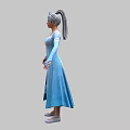 Woman Wearing Blue Long Dress with Embroidery and Tiara Standing in White Shoes