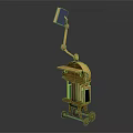 Golden Mechanical Device With Arm Holding Book And Books Inside On Wheels