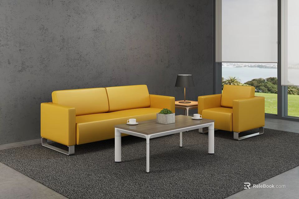 Modern Office Interior With Yellow Sofa Armchair White Coffee Table Black Lamp And Gray Walls 3d model 