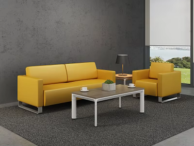 Modern Office Interior With Yellow Sofa Armchair White Coffee Table Black Lamp And Gray Walls 3d model
