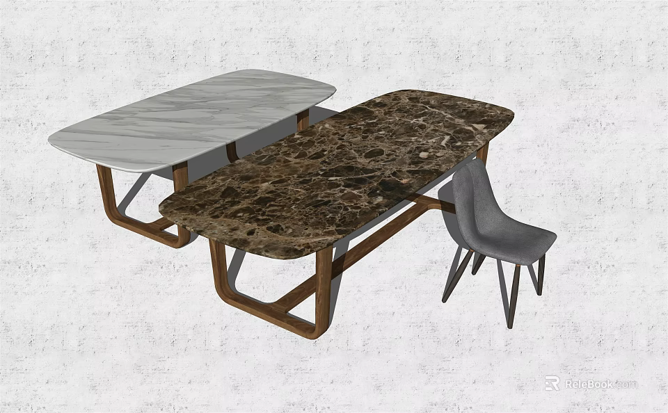 Modern Dining Table Set with White Dark Marble Tabletops Wooden Legs and Gray Chair 3d model 