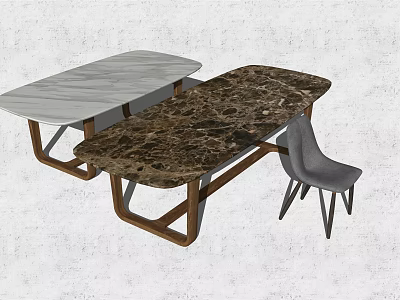 Modern Dining Table Set with White Dark Marble Tabletops Wooden Legs and Gray Chair 3d model