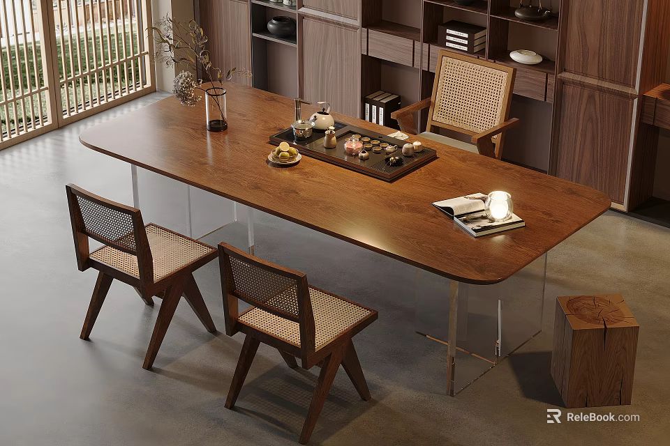 Modern Wooden Tea Table Set With Chairs Tea Tray And Tea Sets 3d model