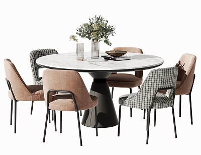 Modern Round Dining Table Set with Pink Checkered Chairs and Floral Centerpiece 3d model
