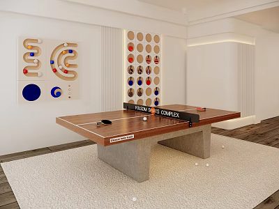 Wooden Shuffleboard Table With Concrete Legs In White Room And Geometric Wall Decor 3d model