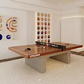 Wooden Shuffleboard Table With Concrete Legs In White Room And Geometric Wall Decor