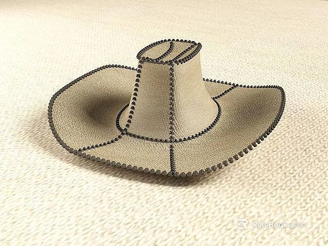 Beige Cowboy Hat With Black Stitching Detail On Light Fabric Surface 3d model 
