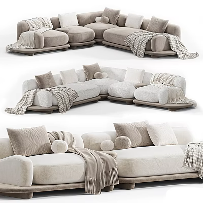 Modern Sectional Sofa With Soft Pillows And Cozy Knit Throws In Neutral Tones 3d model