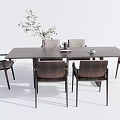 Modern Dark Dining Table Set With Rectangular Table Six Chairs And Potted Plant 3d model
