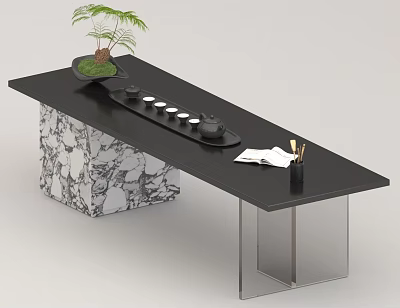 Modern Tea Table with Black Top Marble Base and Tea Set Book Brush Pen 3d model