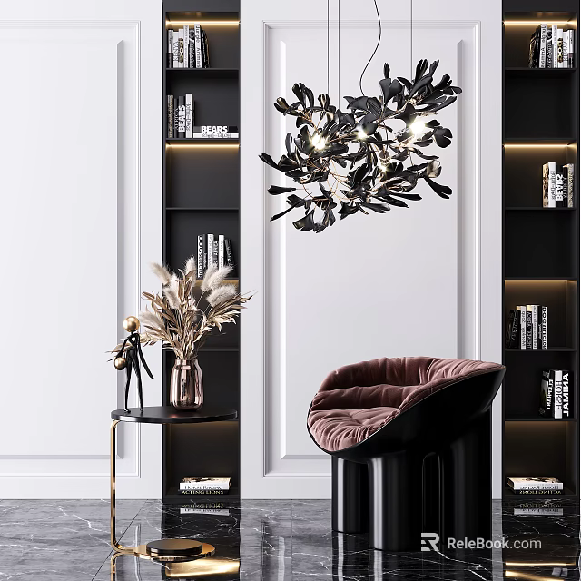 Elegant Brown Velvet Accent Chair in Modern Interior with Black Bookshelves and Decorative Chandelier 3d model 