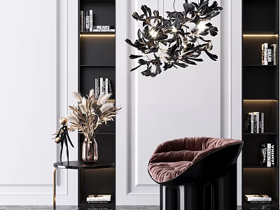 Elegant Brown Velvet Accent Chair in Modern Interior with Black Bookshelves and Decorative Chandelier 3d model