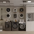 Modern Laundry Room Interior With Various Style Washing Machines And Storage Cabinets
