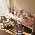 Modern Stylish Desk Interior With Bookshelf Pink And White Chairs On Wooden Floor