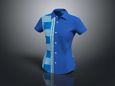 Blue Short Sleeve Shirt With White Checkered Pattern And Button Front Design 3d model