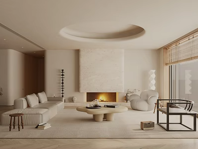 Modern Beige Living Room With Circular Ceiling Stone Fireplace Light Sofa And Round Coffee Table 3d model